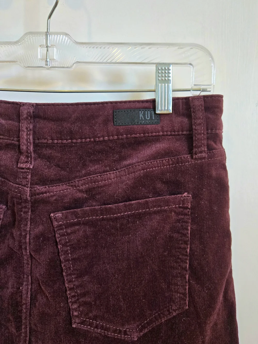 Kut from the Kloth Distressed Hem Corduroy Mini Skirt in Burgundy